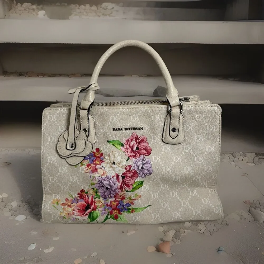 Dana Buchman Ivory Floral Satchel Handbag Purse Faux Leather Medium Spring Style - Picture 1 of 7